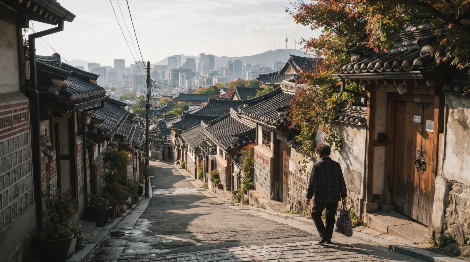 A sloping lane of tiled hanok roofs in Bukchon Hanok Village with the modern city on the horizon, Seoul, South Korea
