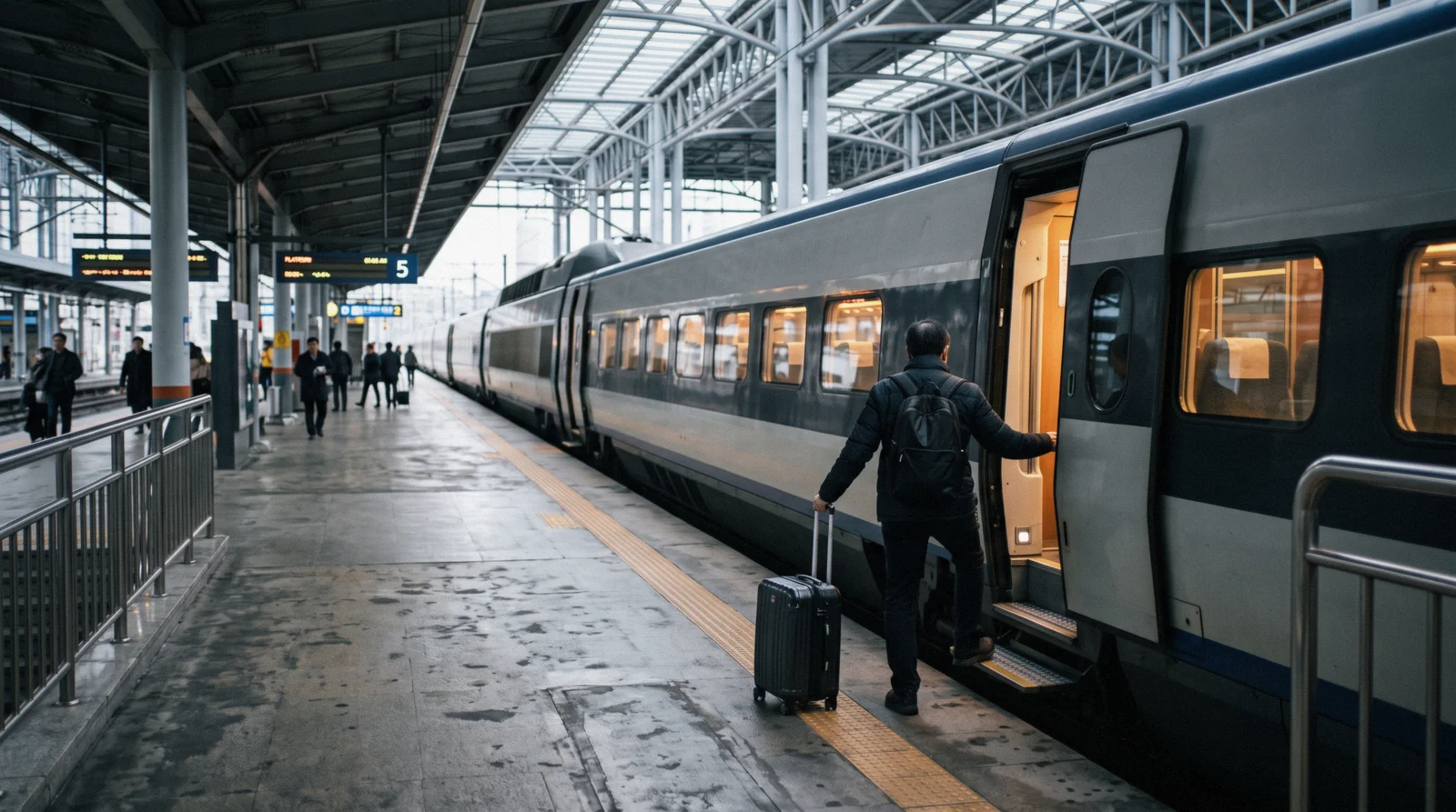 High-speed train waiting at a platform in Seoul for the journey to Busan, South Korea