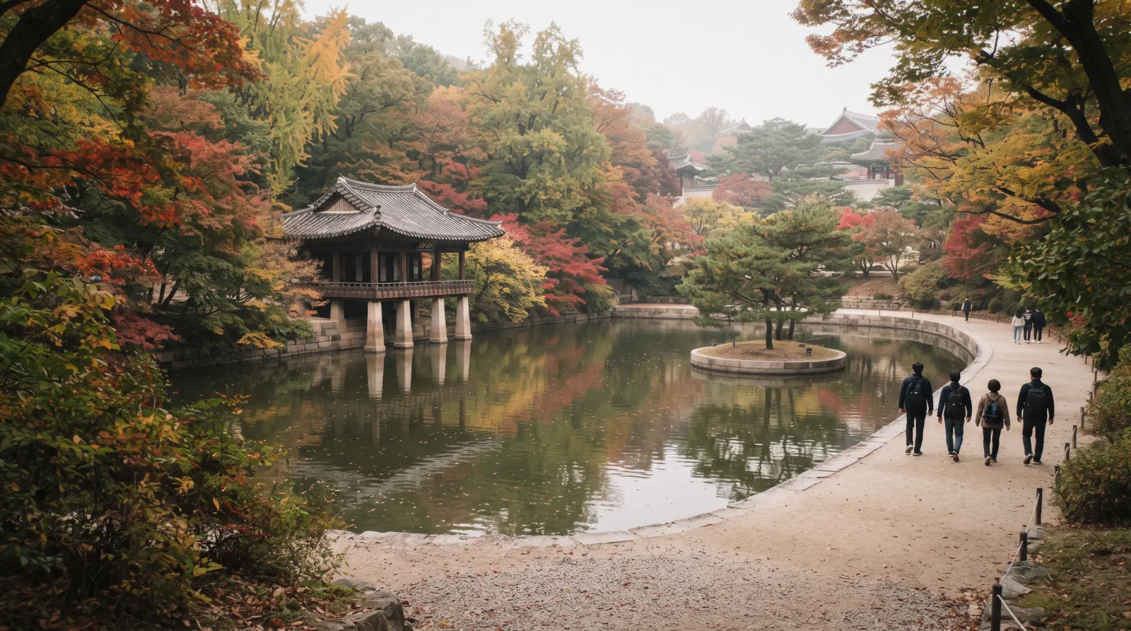 The Buyongji pond and pavilion in the Huwon garden of Changdeokgung Palace with maples turning red, Seoul, South Korea