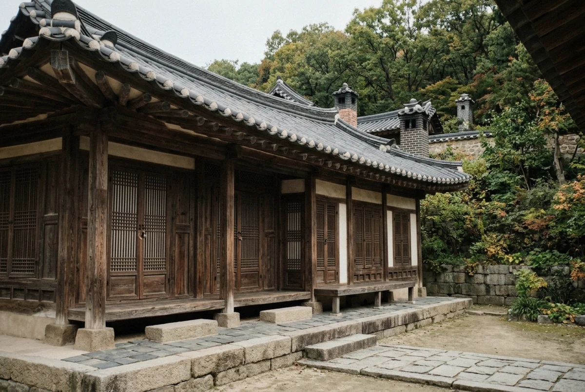 The unpainted wooden facade and lattice doors of the Nakseonjae residence at Changdeokgung Palace, Seoul, South Korea