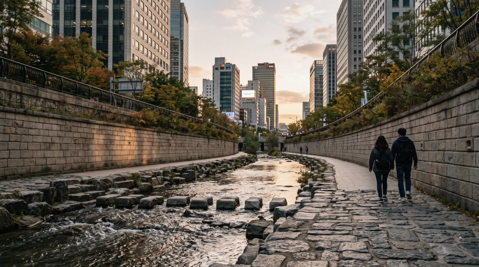The Cheonggyecheon stream below street level with office towers above the parapet in late afternoon, Seoul, South Korea