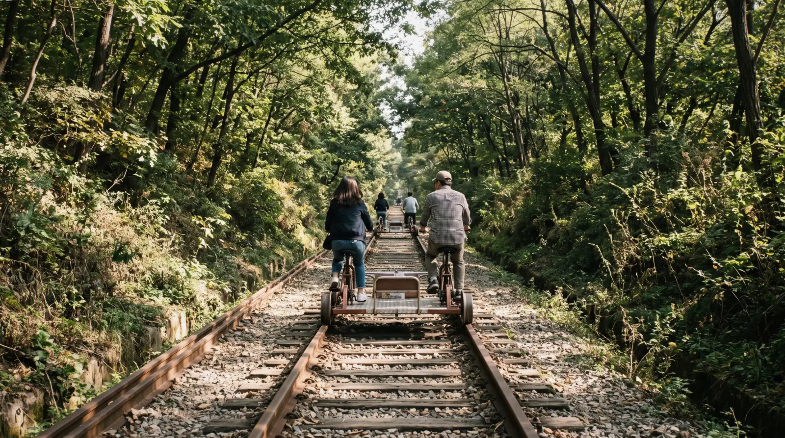 Rail bikes on the old railway line beside the river at Gangchon Rail Park, South Korea