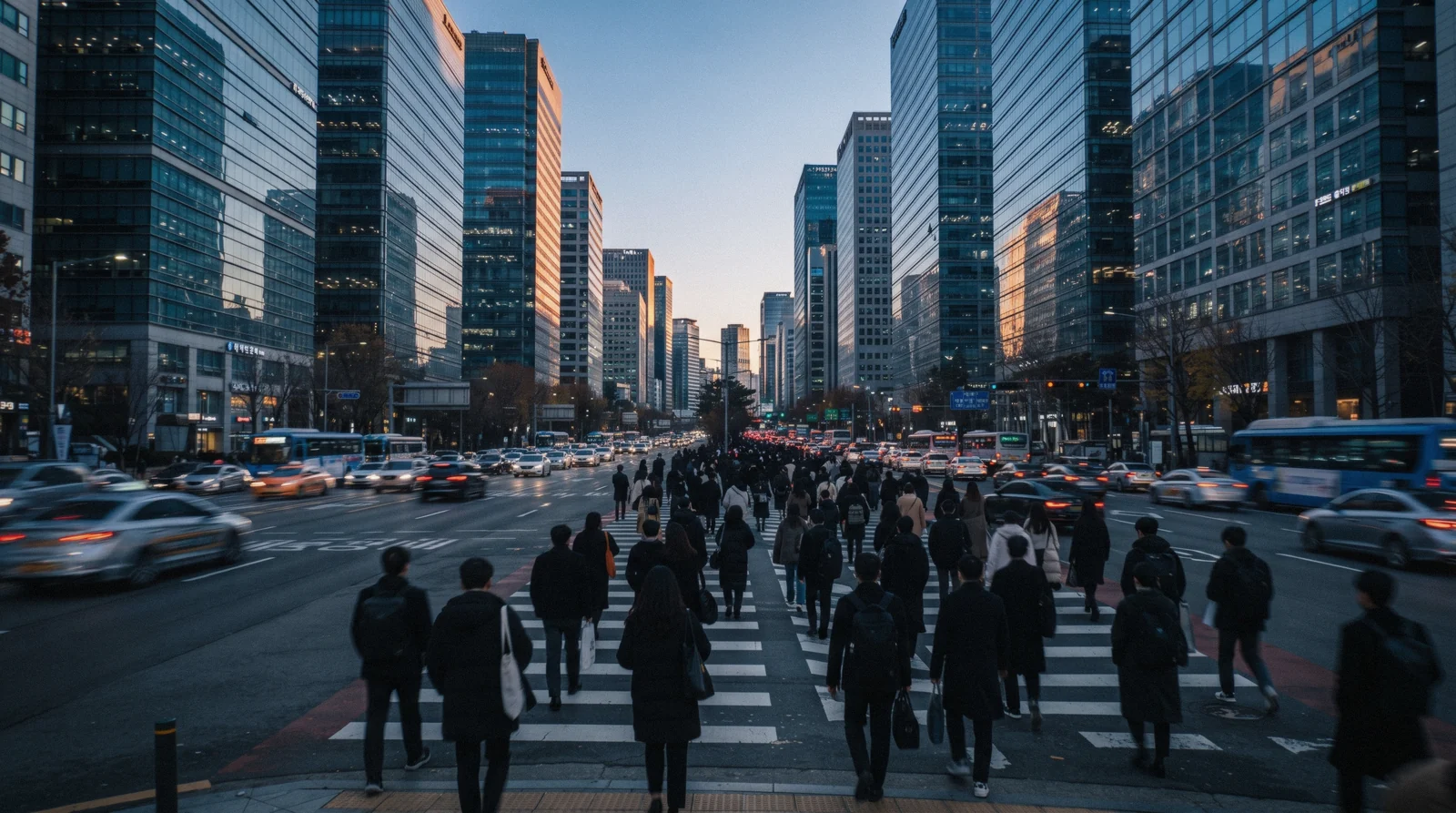 Glass towers and a crowded crossing on a Gangnam boulevard at dusk, Seoul, South Korea