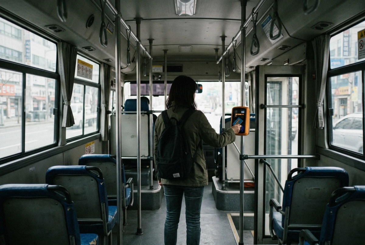 A passenger tapping a transport card on the reader inside a Seoul city bus, Seoul, South Korea