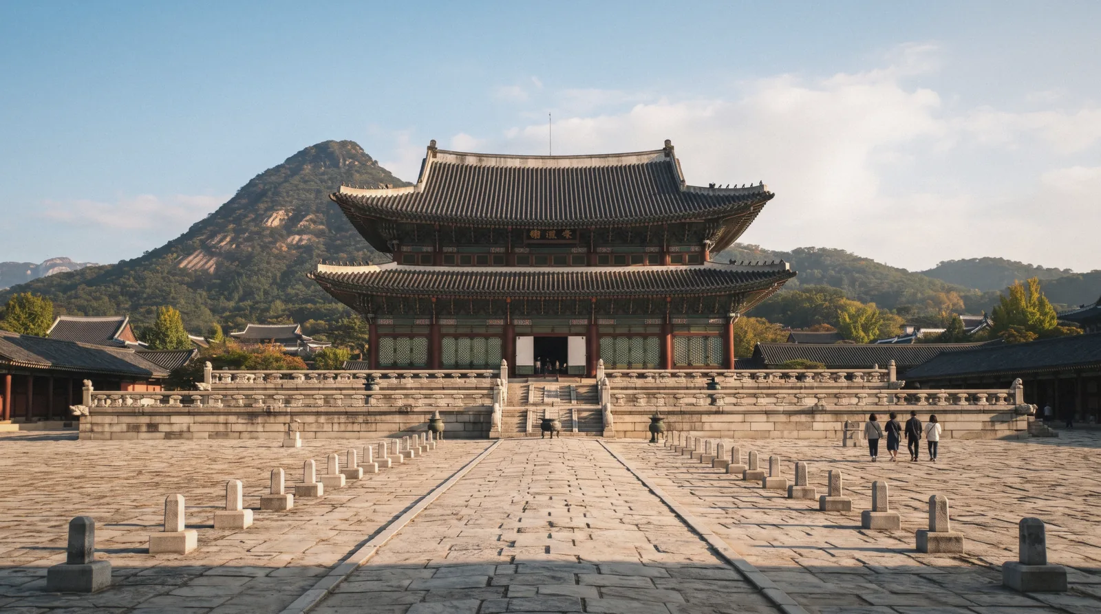 The Geunjeongjeon throne hall of Gyeongbokgung Palace on its stone terrace with Bugaksan behind it, Seoul, South Korea