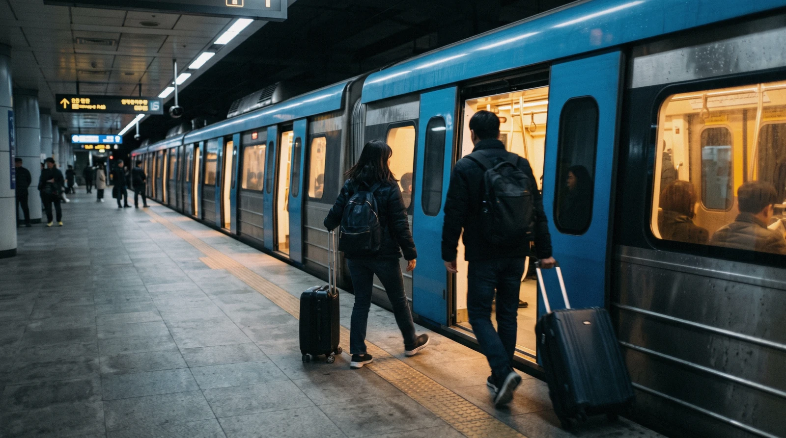 Travellers boarding the airport railway train beneath Incheon International Airport for Seoul, South Korea