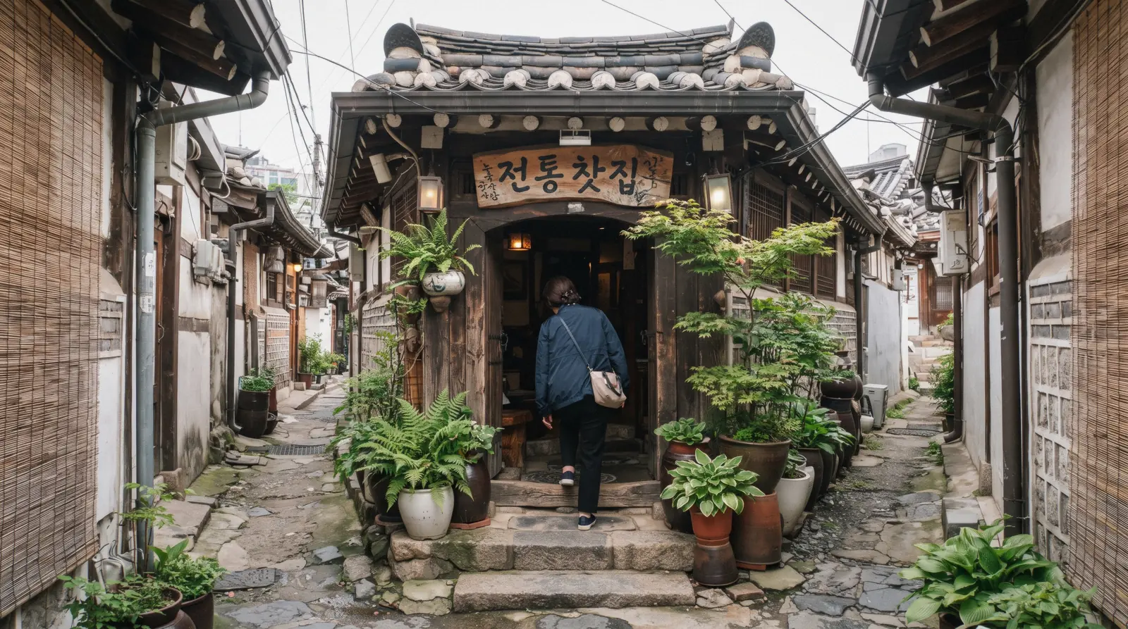 A tea house entrance with a hand-painted wooden sign in an Insadong alley, Seoul, South Korea