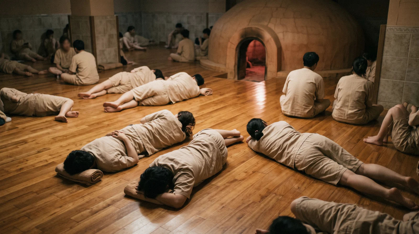 The communal heated relaxation hall of a Korean jjimjilbang with people in matching cotton clothes, Seoul, South Korea