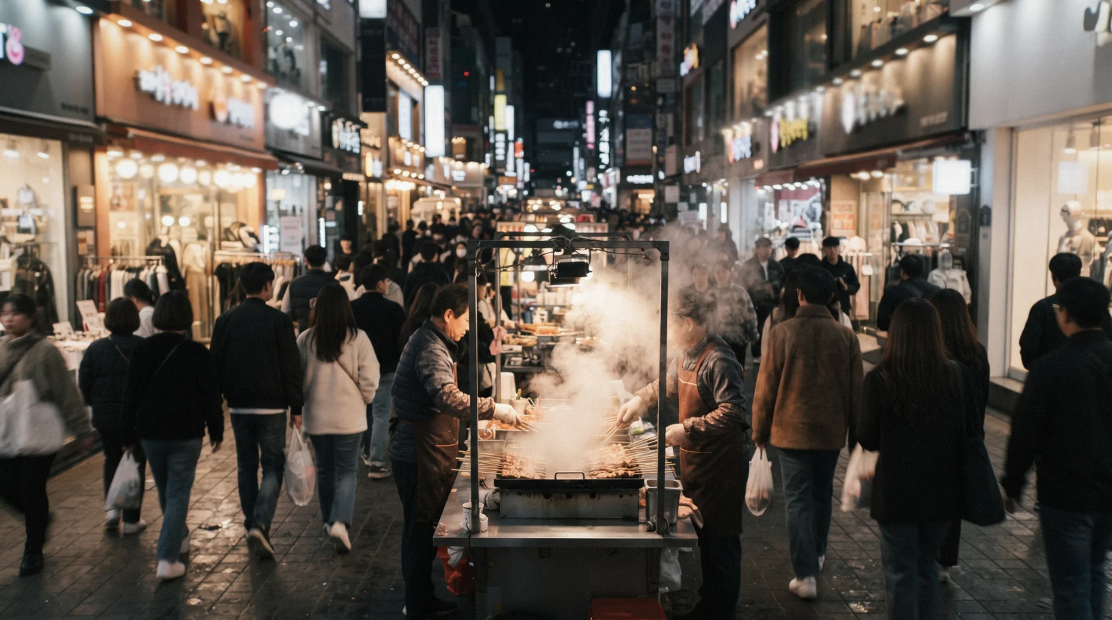 Lit shopfronts and food carts on the main Myeongdong pedestrian street in the evening, Seoul, South Korea