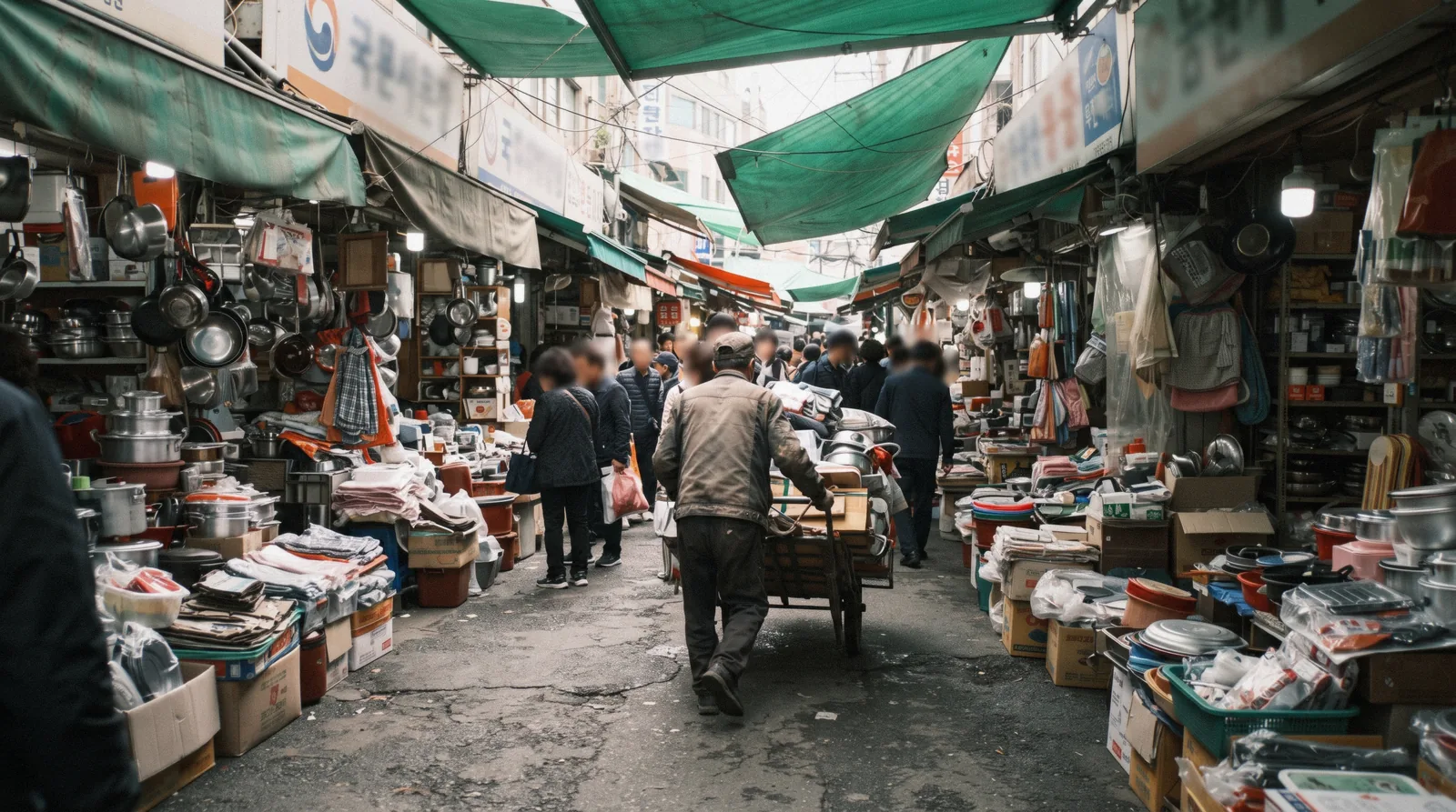 Stalls under awnings in Namdaemun Market, the wholesale end of Seoul shopping, South Korea