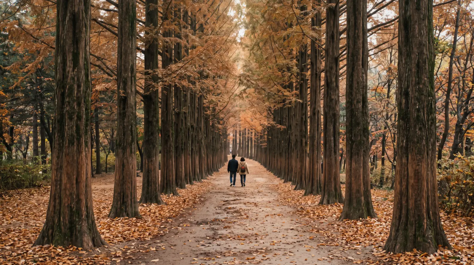 A straight avenue of tall trees on Nami Island with fallen leaves on the path, South Korea