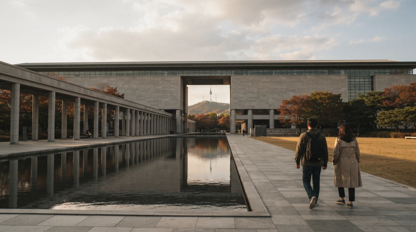 The reflecting pool and long facade of the National Museum of Korea in Yongsan, Seoul, South Korea
