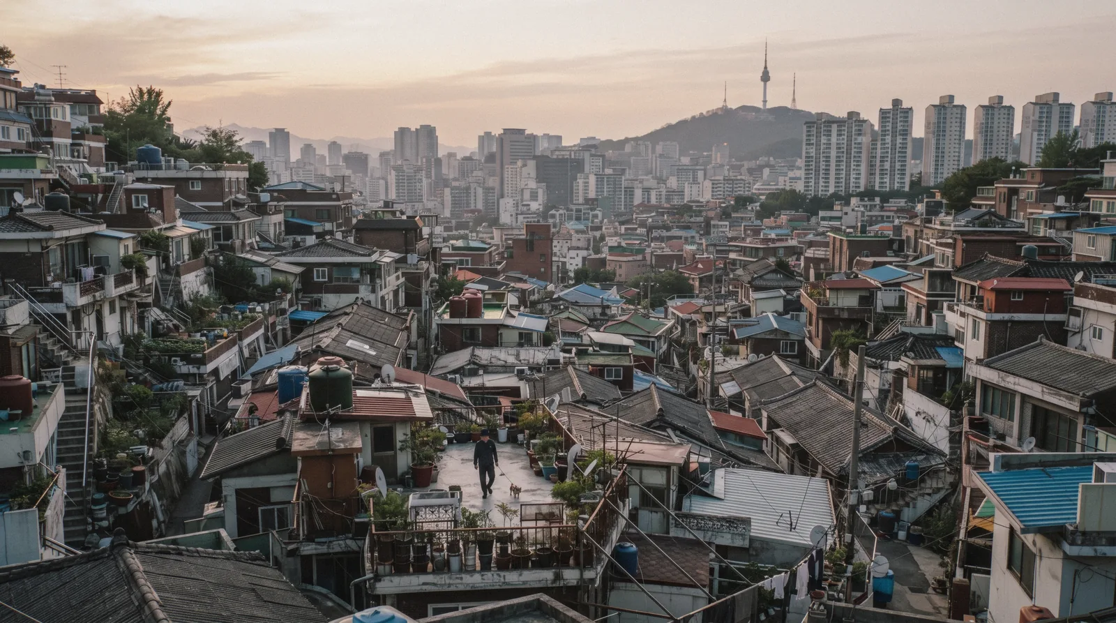 Rooftops and hillside lanes across a Seoul neighbourhood at dusk, South Korea