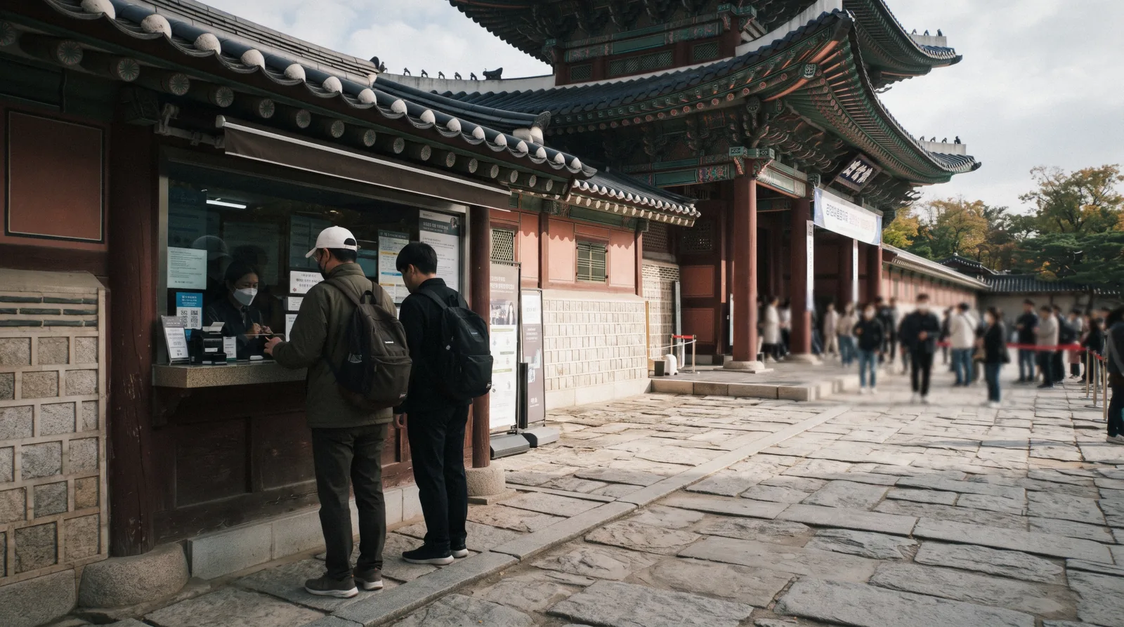 Visitors at the ticket window beside Gwanghwamun gate buying Seoul palace tickets, South Korea