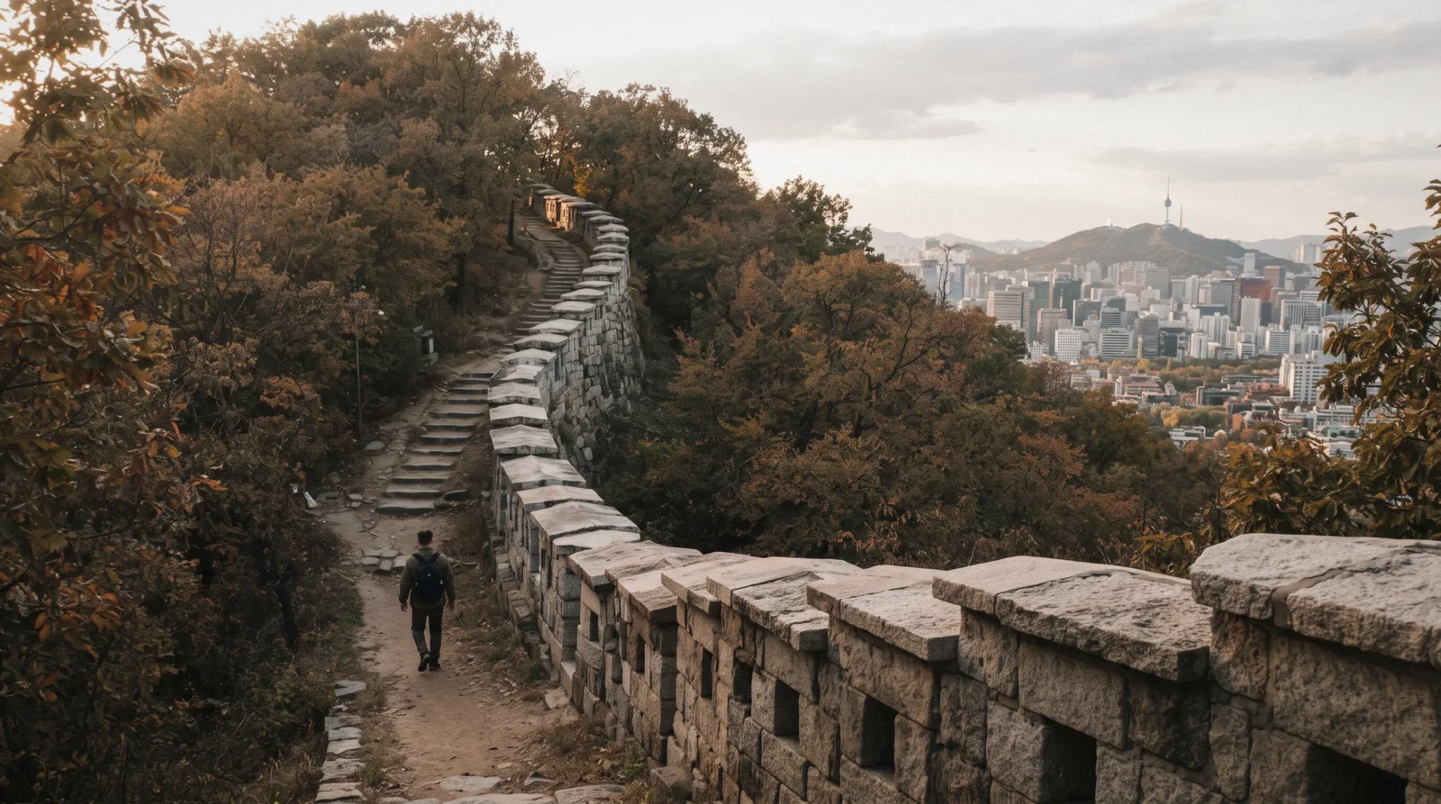 Stone courses of the Seoul City Wall stepping up a wooded slope with the city beyond, South Korea