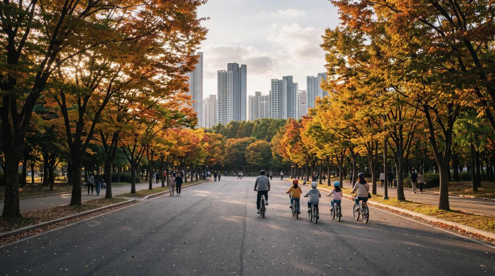 An avenue of trees turning colour in Seoul Forest with people cycling in the distance, Seoul, South Korea