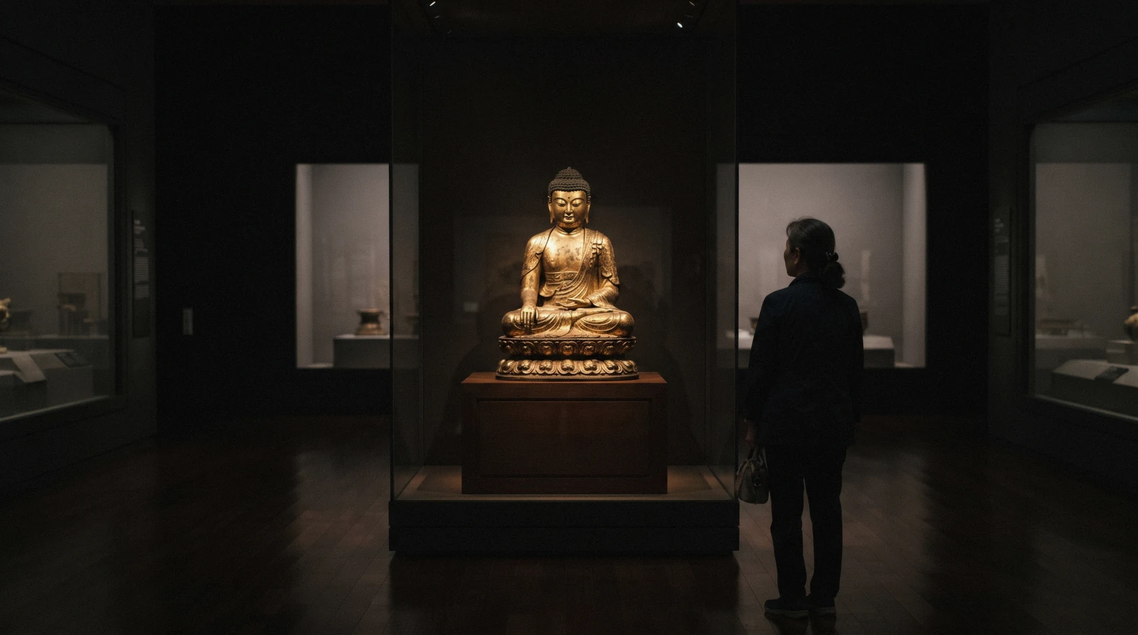 A lit sculpture in a dark gallery at a national museum in Seoul, South Korea