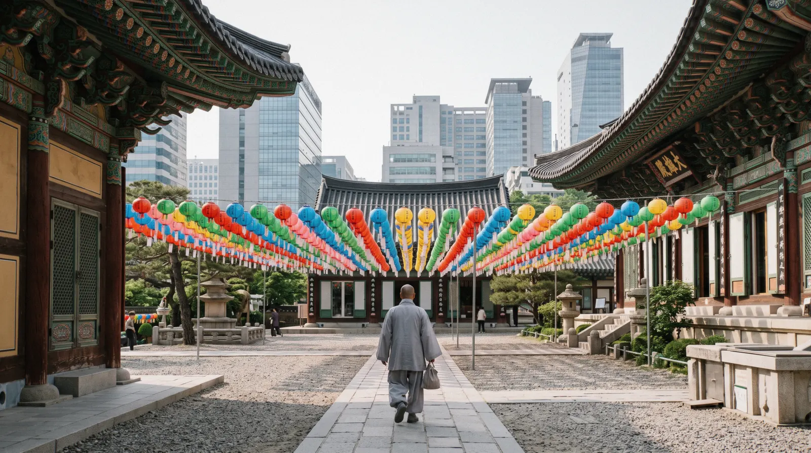 Paper lanterns strung across the courtyard of a Buddhist temple in central Seoul with office towers behind, South Korea