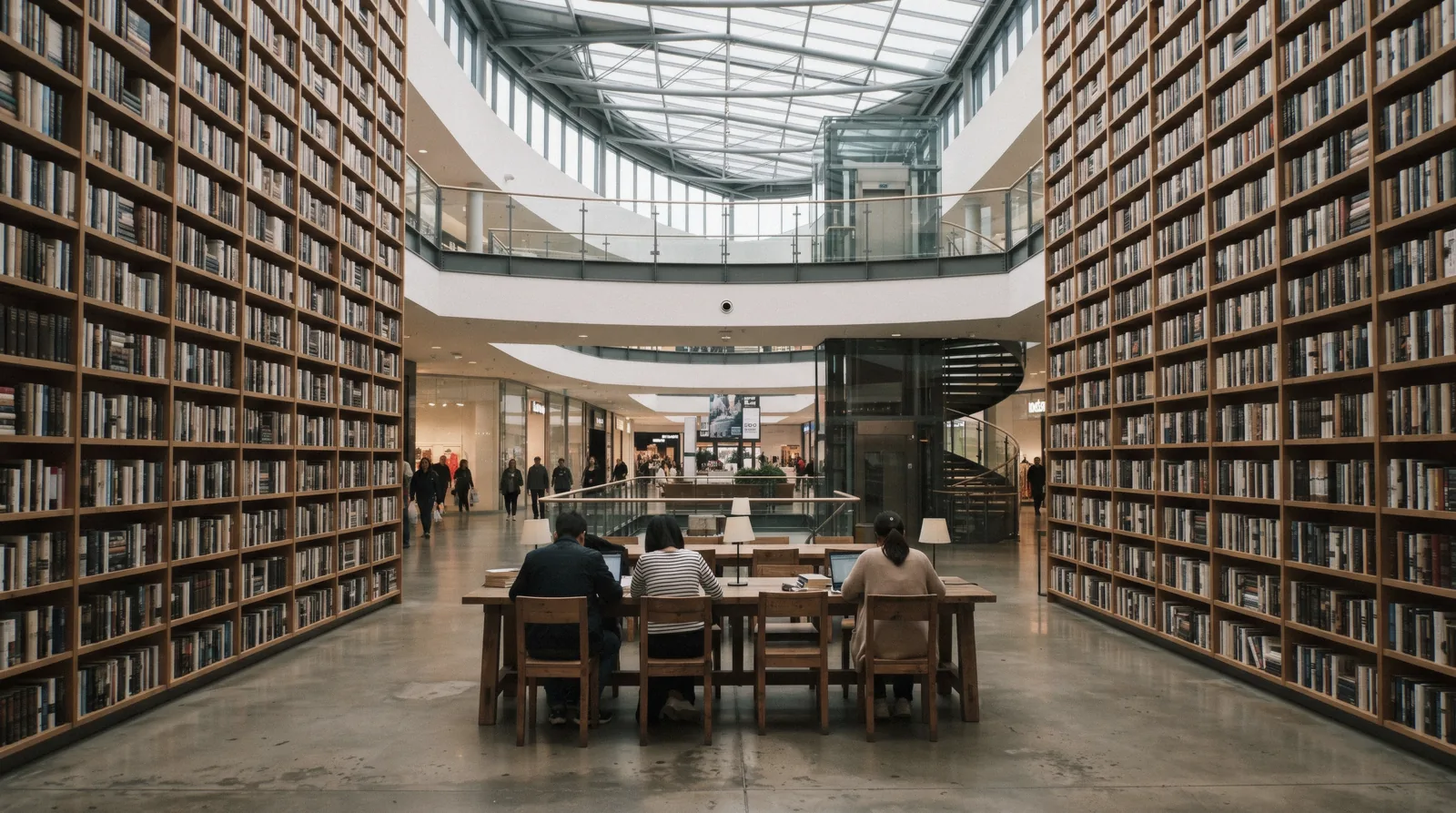 Thirteen-metre bookshelves rising on both sides of the reading tables at Starfield Library, COEX, Seoul, South Korea