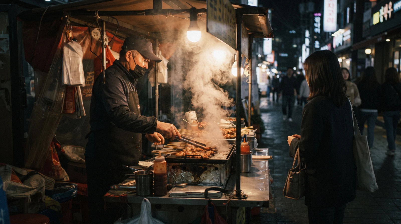 Skewers on a griddle at a Seoul street-food cart in the evening, South Korea