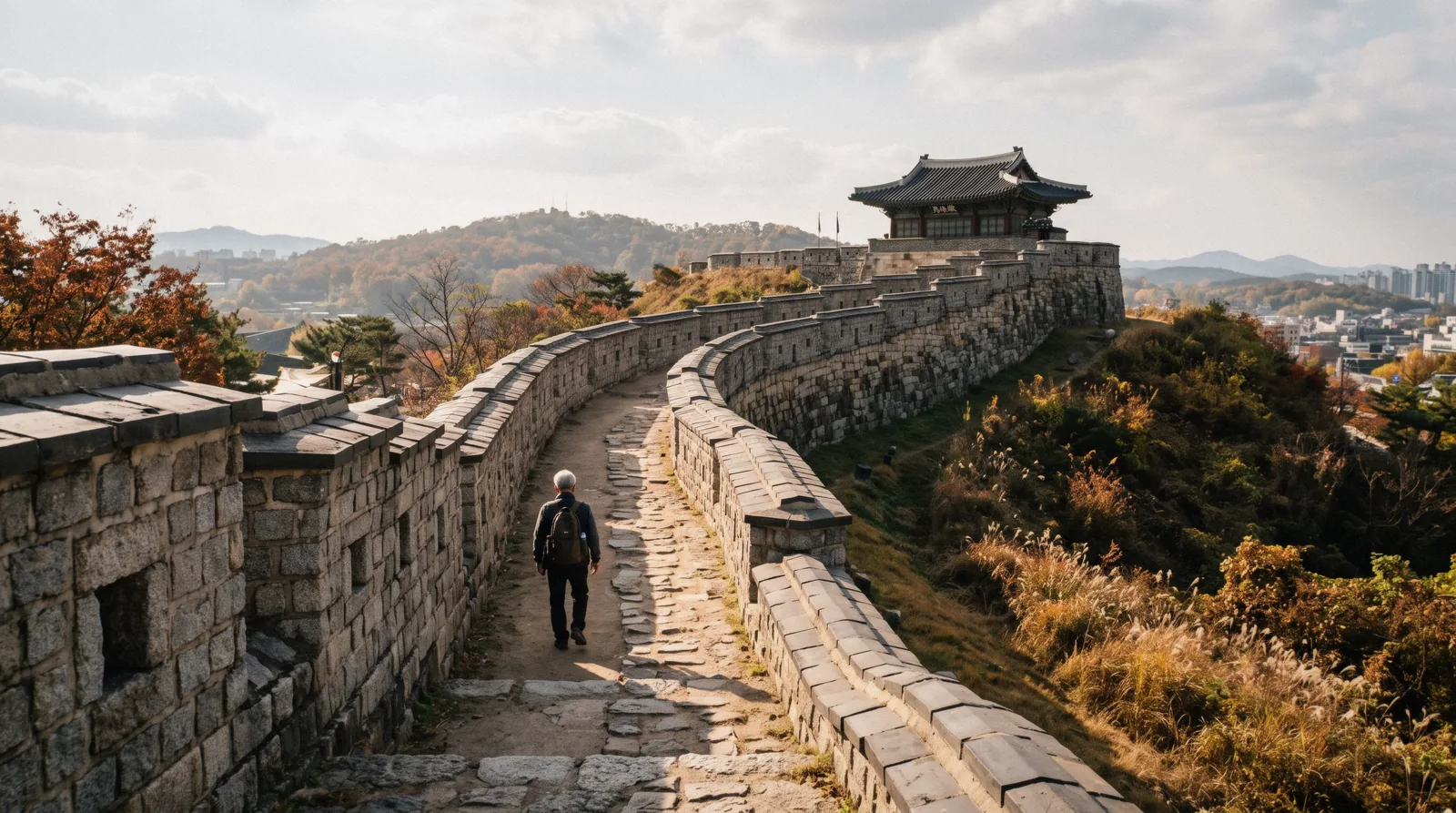 Hwaseong fortress wall and gate tower on a slope above Suwon, South Korea