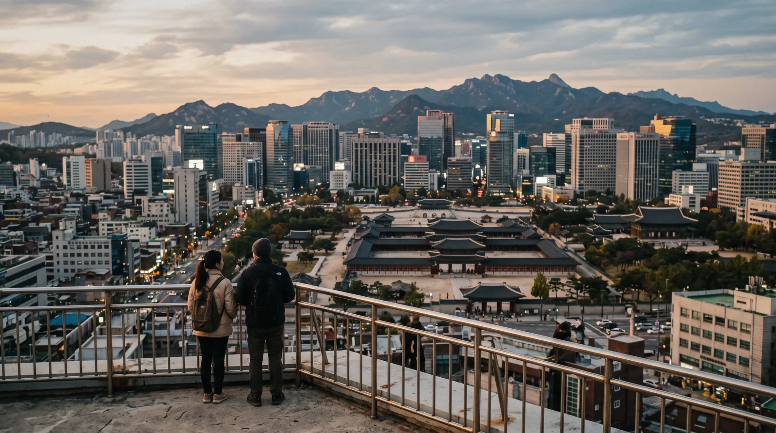 A rooftop view over central Seoul showing the palace quarter, the towers and the mountains, South Korea