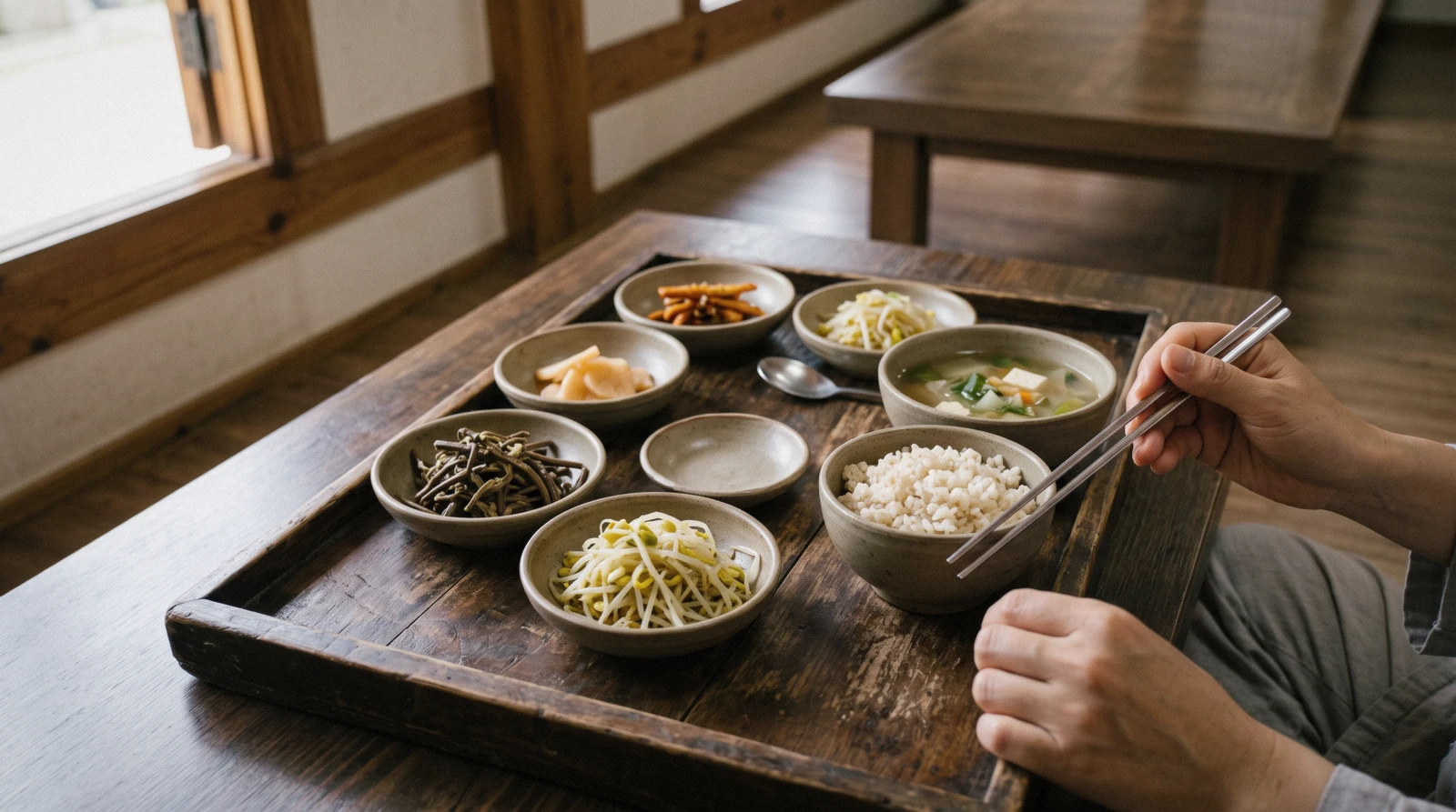 A tray of vegetable side dishes, rice and clear soup in the temple-food style, Seoul, South Korea