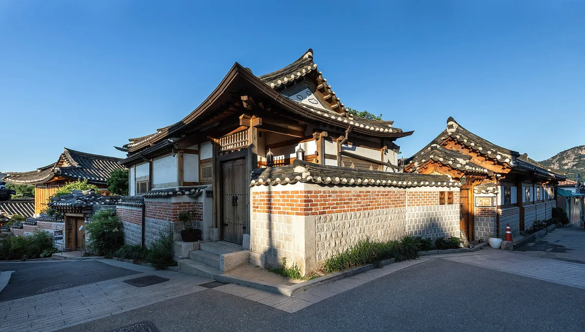 Traditional hanok houses at golden hour in Bukchon Hanok Village, Seoul, South Korea