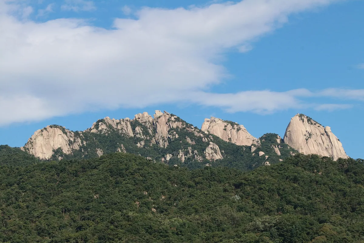 Granite peaks and forest in Bukhansan National Park above Seoul, South Korea