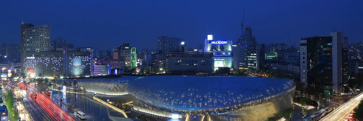 Dongdaemun Design Plaza lit at night, Seoul, South Korea
