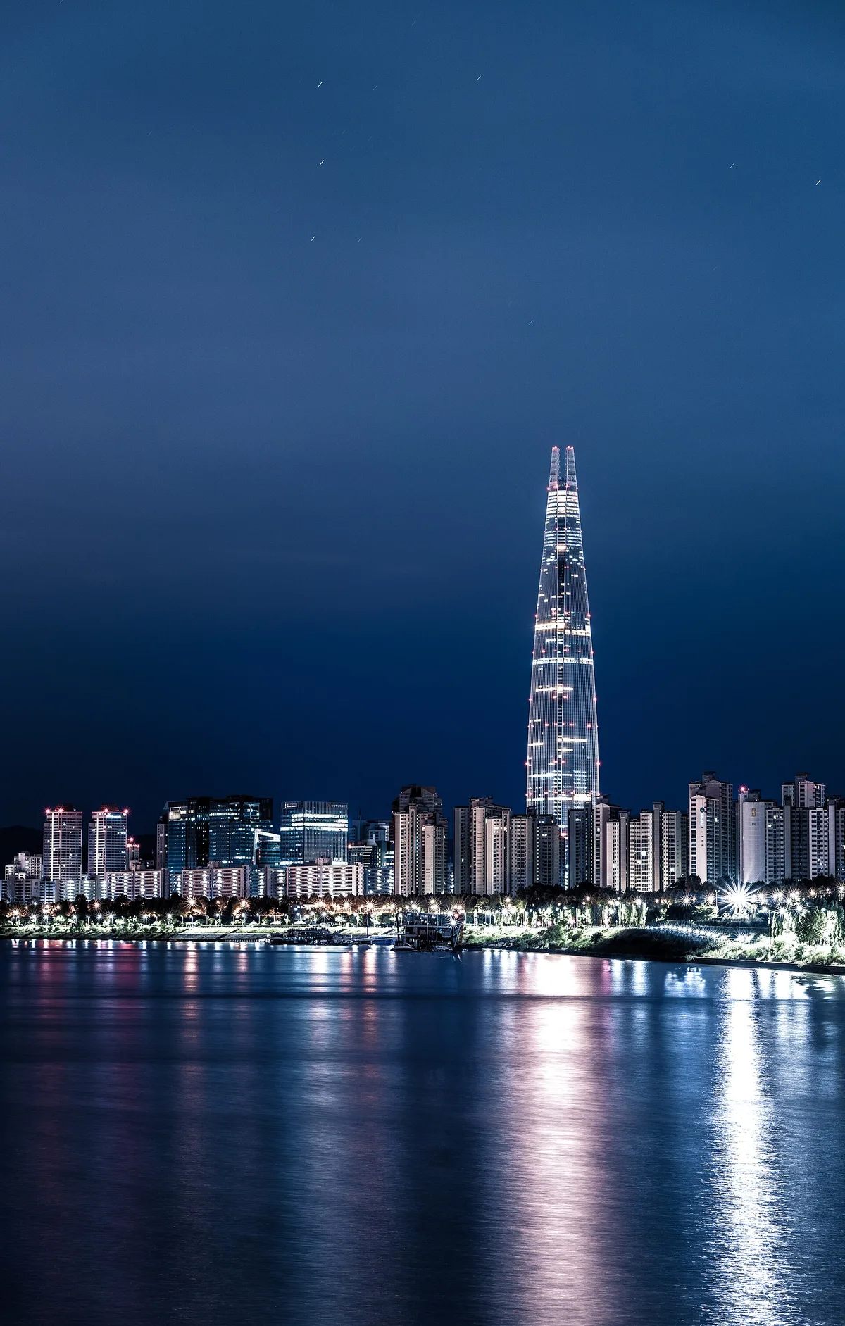 The Seoul skyline and the Han River at night, South Korea